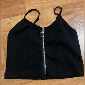 Cropped Black Ribbed Zip-Front Cami